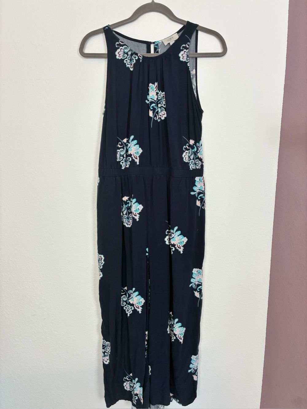 LOFT Wide Leg Floral Sleeveless Romper w/ Pockets, tie waist